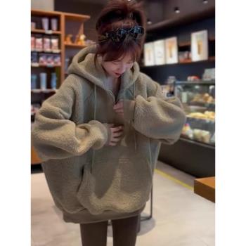 歐貨杏色羊羔毛絨連帽半拉鏈加厚中長款衛衣女士遮屁股搖粒絨外套