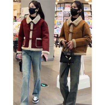 美拉德毛毛皮毛一體短外套女2024秋冬季保暖加絨加厚長袖機車服潮