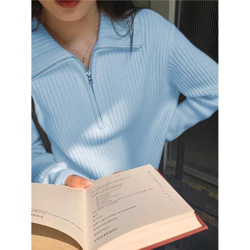 藍色衛衣拉鏈翻領毛衣外套女裝秋冬配大衣外穿針織衫寬松洋氣上衣