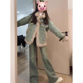 復古拼接毛毛領牛仔羊羔毛外套女冬季2024高階感加厚寬松棉衣棉服