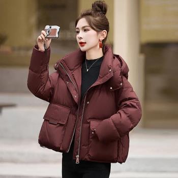 羽絨服女短款連帽寬松休閑2024年冬季新款韓版小個子酒紅冬季外套