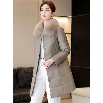 2024新款中長款綿羊皮真皮羽絨服海寧皮衣女外套大碼加絨加厚修身