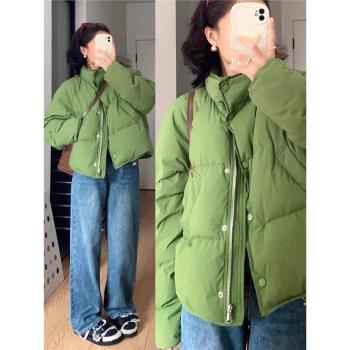 綠色短款立領羽絨棉服女冬季大碼胖mm韓系時尚加厚保暖麵包服外套