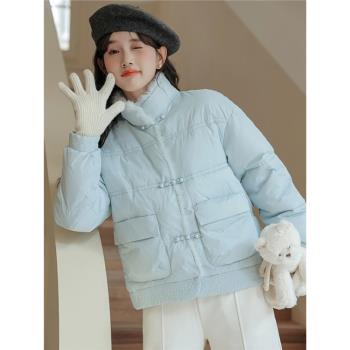 新中式國風藍色棉衣棉服女裝冬季2024年新款小個子羽絨服外套短款