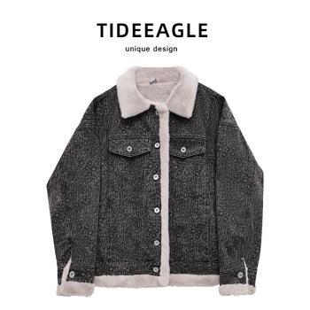 TIDEEAGLE加絨加厚冬季新款韓系復古豹紋牛仔外套百搭氣質棉服女