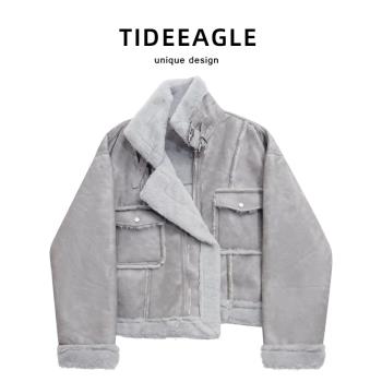 TIDEEAGLE皮毛一體羊羔毛加厚立領皮衣短外套高階感機車棉服上衣