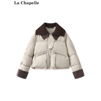拉夏貝爾/La Chapelle翻領撞色棉服外套女短款小個子保暖百搭冬