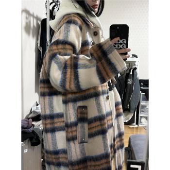 毛呢格子外套女秋冬美式復古設計感小眾加厚中長款過膝呢子大衣潮