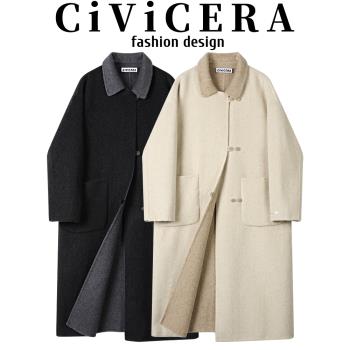 CIVICERA超好看撞色長款毛呢外套女秋冬寬松復古氣質雙面羊絨大衣