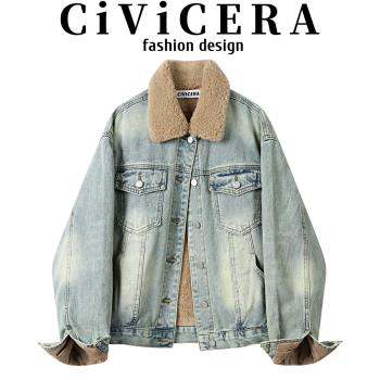 CIVICERA慵懶風寬松百搭加絨牛仔短外套女秋冬款復古加厚夾克上衣