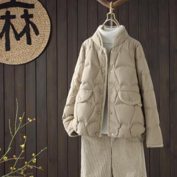 卡其色輕薄立領毛邊保暖羽絨服