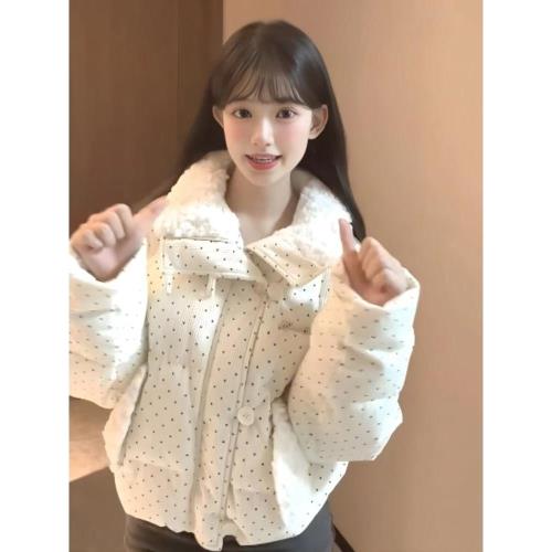 韓系甜美風波點毛領羽絨棉服外套女秋冬季寬松加厚保暖短款面包服