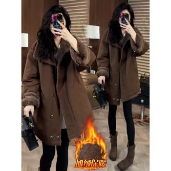 加絨加厚保暖外套女2024秋冬季爆款小個子中長款遮臀韓版時髦上衣