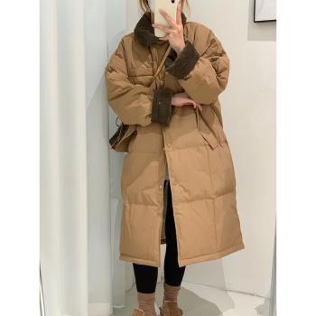 美拉德撞色長款拼接翻領棉服女2025冬季新款棉衣棉襖保暖加厚外套