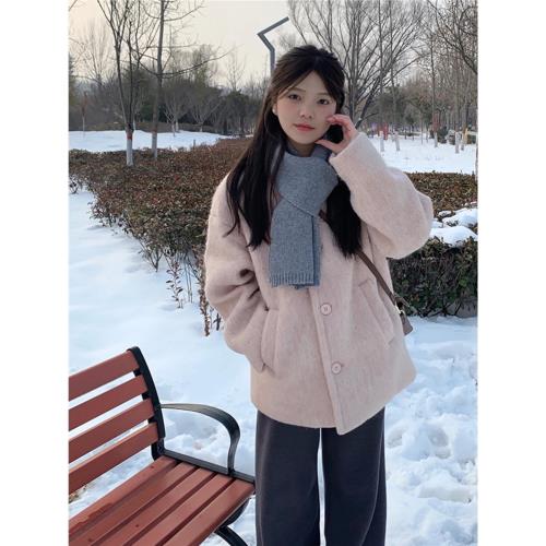 粉色短款呢子大衣女秋冬2024年新款毛呢外套高級感小個子韓系氣質