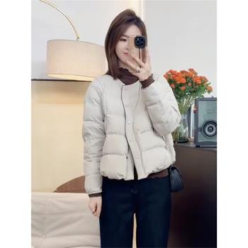 時尚圓領羽絨服女短款2024冬季新款小個子設計感保暖白鴨絨外套潮