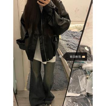 大碼酷帥氣黑色pu皮衣女秋冬美式復古設計感休閑寬松機車夾克外套