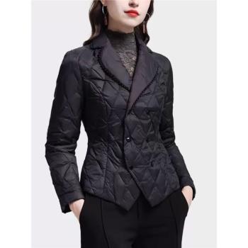 歐洲站冬裝羽絨棉服女設計感西裝領釘珠保暖外套修身顯瘦輕薄棉服