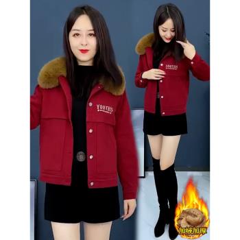 加絨加厚派克棉服女士2024年秋冬季新款韓版百搭保暖短款毛領外套