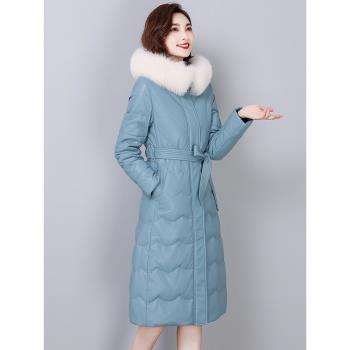 真皮羽絨服女中長款修身2024冬季新款海寧綿羊皮狐貍毛領加厚外套