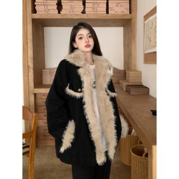 復古黑色夾棉加厚棉服女冬季保暖寬松中長款毛毛拼接牛仔棉衣外套
