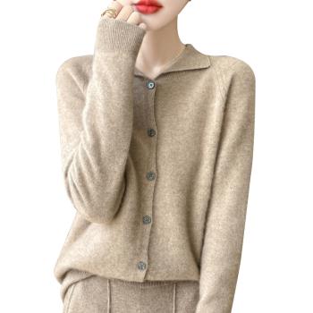 品牌高階感羊絨開衫女100純羊絨秋冬Polo翻領羊毛針織衫毛衣外套