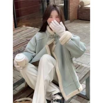 藍色皮毛一體仿羊羔毛外套女2024年新款冬季韓風機車服加厚夾克