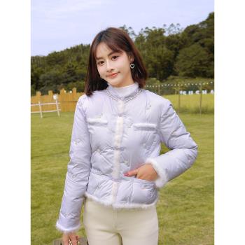 ATAR國風冬裝新款真水貂毛拼接短款羽絨服 小香風白玫瑰繡花外套