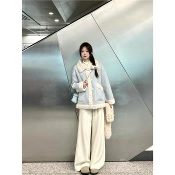 奶藍色兩面穿韓系皮毛一體羊羔毛外套女冬季2024新款加絨加厚棉衣