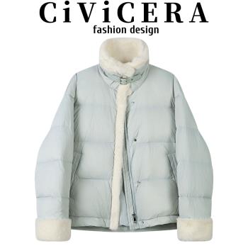 CIVICERA獨特超好看毛領羽絨服女秋冬慵懶寬松白鴨絨麵包服外套