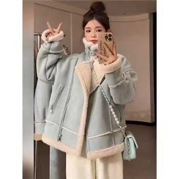 皮毛一體鹿皮絨短外套女冬季2024新款寬松保暖加厚棉衣機車服夾克