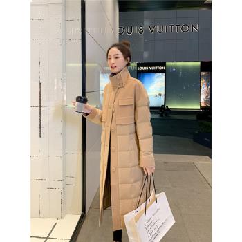 駝色雙面羊絨拼接鴨絨外套立領2024新款女裝冬季長款過膝羽絨服女