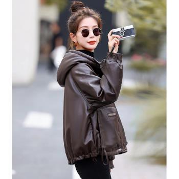 免洗PU皮羽絨服女2024冬季新款加厚保暖寬松防風連帽90白鴨絨外套
