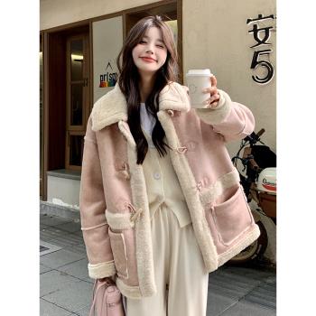 粉色羊羔毛外套女冬季2024新款高階感加絨加厚皮毛一體外套棉服