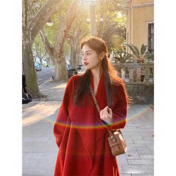 紅色雙面羊絨大衣女中長款2024冬季新款超好看聖誕結婚羊毛呢外套