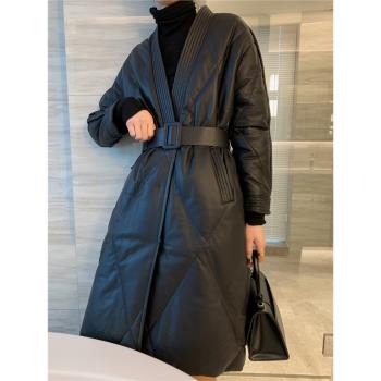LR海寧綿羊皮真皮羽絨服女中長款黑色外套2024年新款收腰加厚皮衣