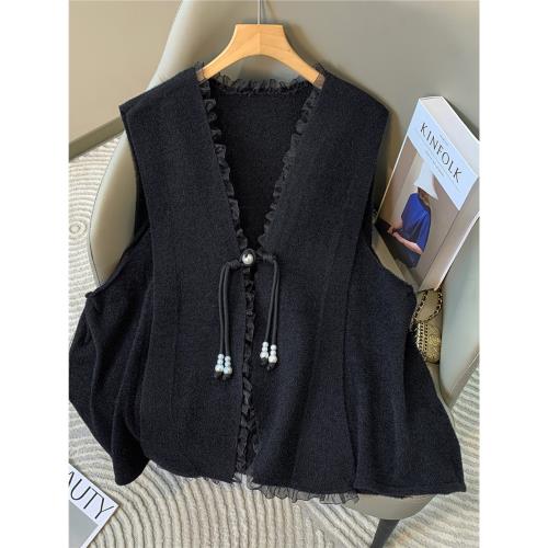 中式國風盤扣蕾絲無袖毛呢馬甲女秋大碼胖mm氣質別致顯瘦上衣外套