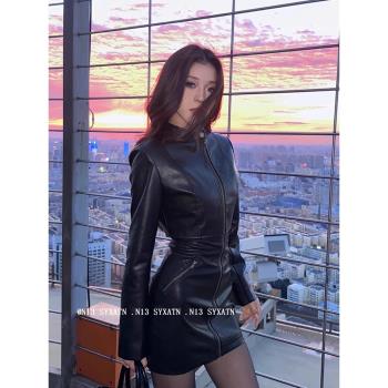 美式辣妹修身性感包臀短裙皮衣