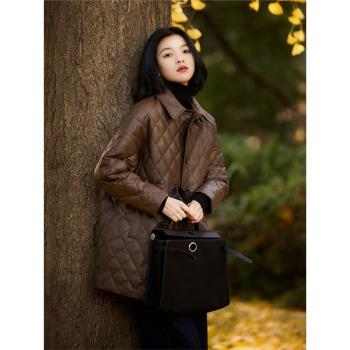 日系輕奢綿羊皮中長款菱格加厚夾棉真皮皮衣2024秋冬季寬松外套女