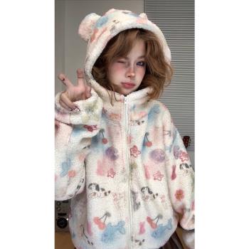 可愛塗鴉羊羔毛外套女秋冬季加絨加厚寬松短款小個子保暖棉衣棉服