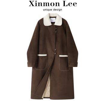 XinmonLee美式復古茶咖色冬季高階感加厚長款毛呢外套慵懶風顯瘦