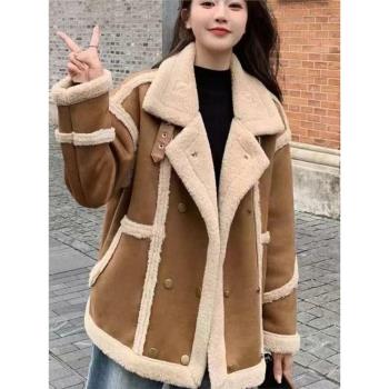 鹿皮絨短款小個子外套女2024秋冬新款皮毛一體外套鹿皮絨機車棉服