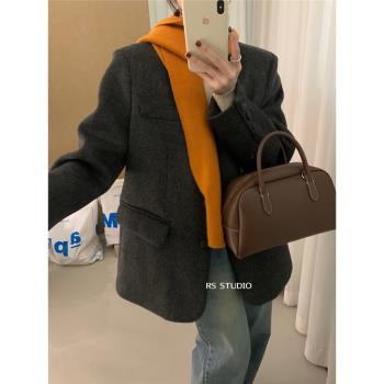 羽絨內膽V領毛呢外套女呢子大衣冬季新款韓版高階感寬松加厚短款