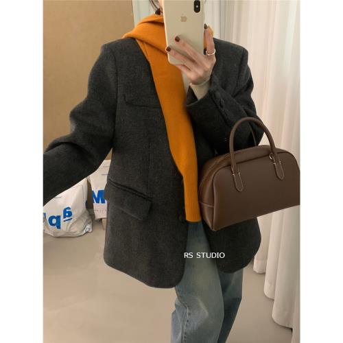 羽絨內膽V領毛呢外套女呢子大衣冬季新款韓版高級感寬松加厚短款