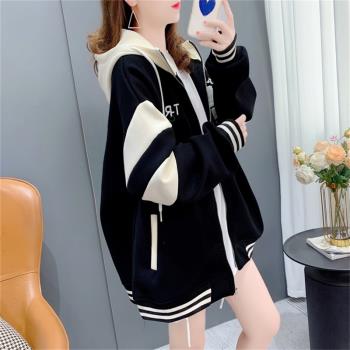 2024冬季新款韓版慵懶風加絨加厚百搭時尚拉鏈衛衣女棒球服外套潮