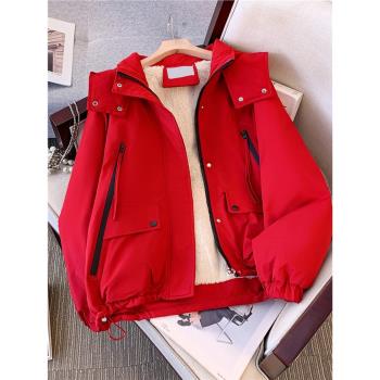 紅色棉服女冬季2024年新款小個子外套工裝羽絨棉衣加絨沖鋒衣棉襖
