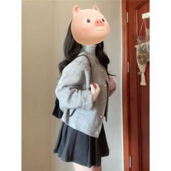 深秋初冬穿搭灰色毛呢外套小個子學院風雙面羊絨短款大衣女高級感