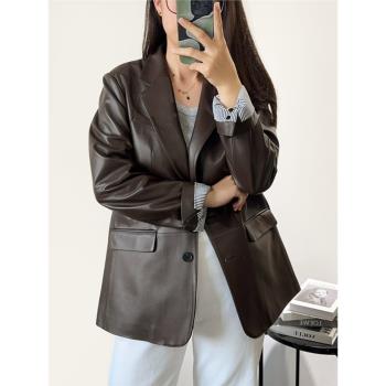 2024新款海寧綿羊皮真皮皮衣女西裝夾克外套皮西服休閑百搭通勤