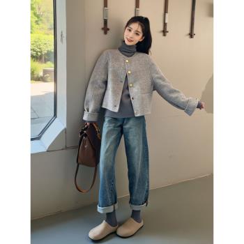 雙面羊絨灰色短款毛呢外套女高級感超好看小個子韓系大衣深秋初冬