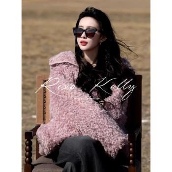 RIXO STREET法式粉色兔子連帽短款加厚毛絨羊羔毛外套女冬季新款